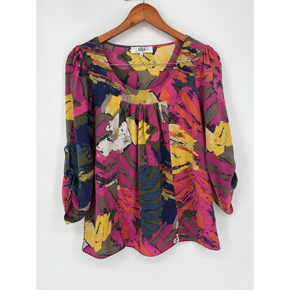 Tibi Colorful Abstract Print Blouse 100% Silk Size 4